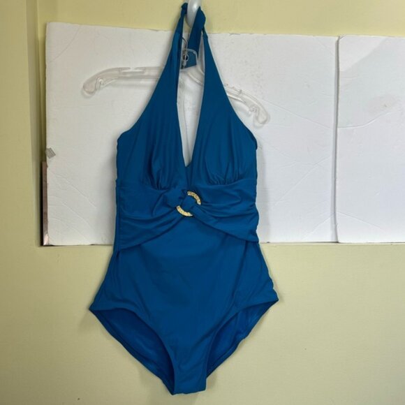 SPANX Bayside Halter Shaping 1Piece Swimsuit Ring Buckle Slimming Padded Blue 14 - Picture 10 of 16